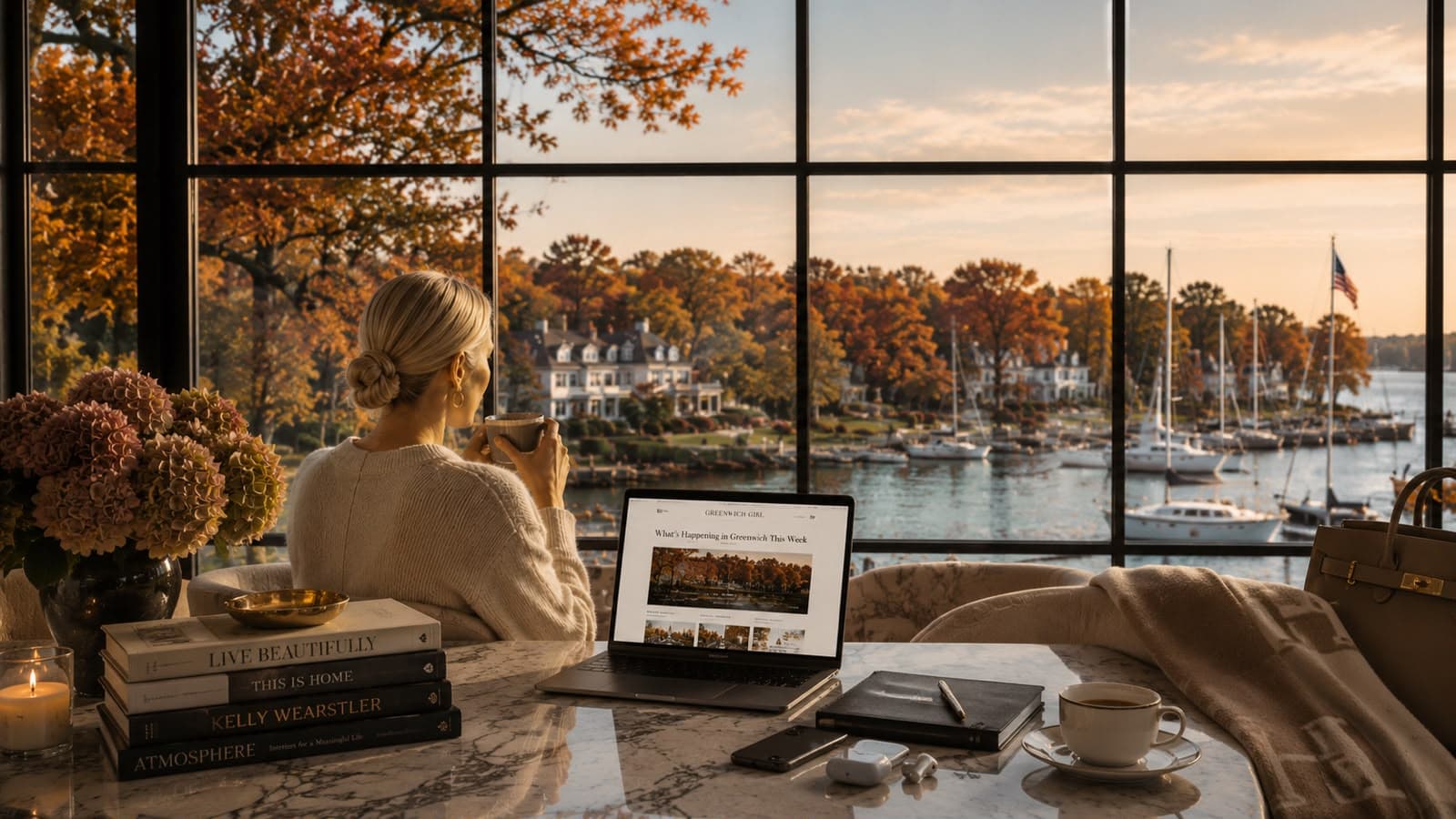 Woman enjoying coffee by the window overlooking Greenwich harbor in autumn, reading Greenwich Girl