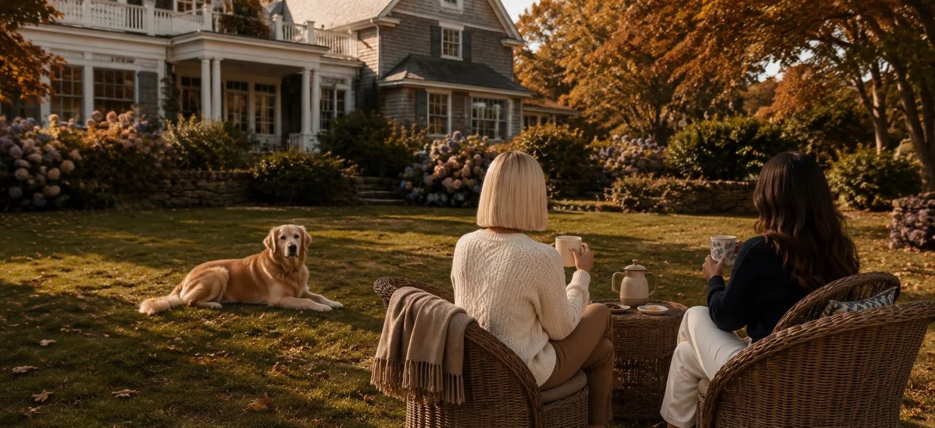 Two friends and a golden retriever enjoying an autumn afternoon on a Greenwich lawn